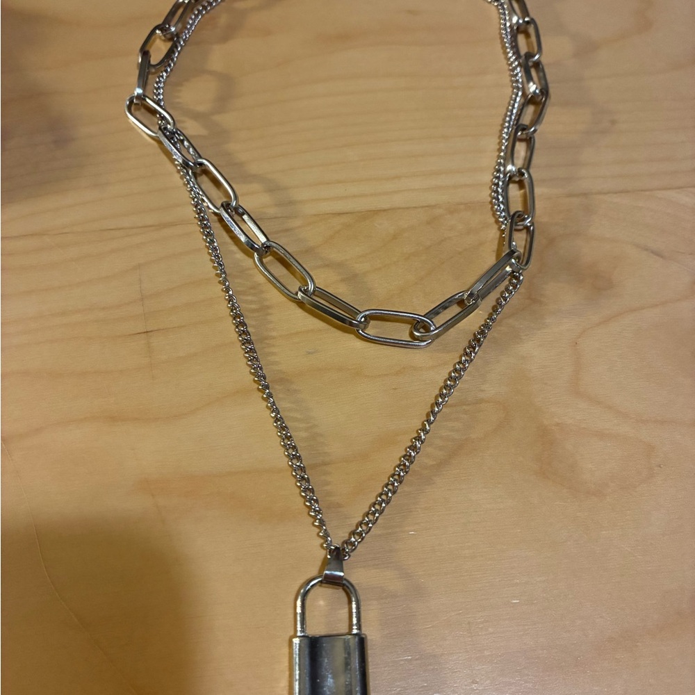 Silver Chain Necklace with Padlock Pendant
